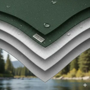 Diagram illustrating the multi-layer, waterproof and breathable fabric technology, such as Gore-Tex, in a wading jacket.