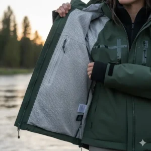 Inside view of the women's wading jacket showing the comfortable, quick-drying internal mesh lining.