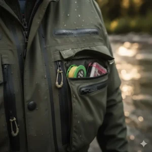 Detailed shot of the large, easily accessible front pockets on the wading jacket designed for fly boxes and essential gear.
