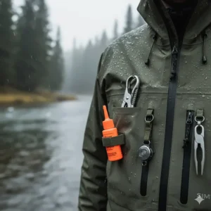 Accessory loops and tool docks on the fishing wading jacket for attaching essential gear.