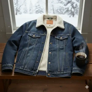 A cozy, warm, sherpa-lined western jacket for men, ideal for cold weather or winter outdoor activities.