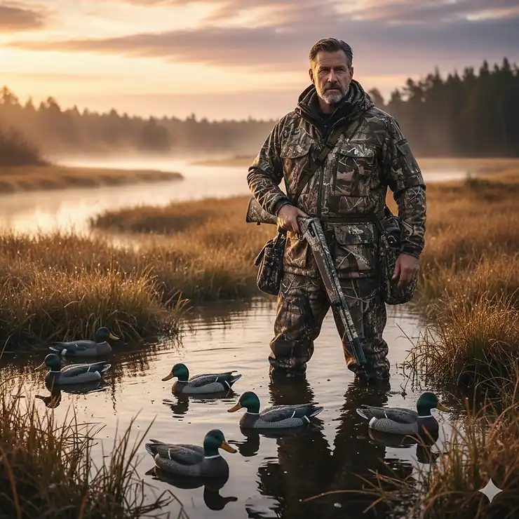 A hunter wearing a camouflage waterfowl hunting jacket stands in a marsh with a shotgun and decoys, ready for the morning hunt.