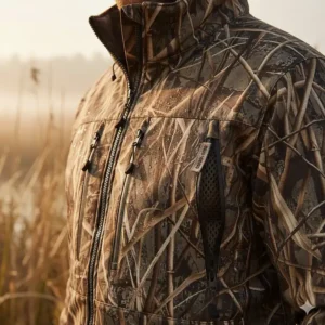 A detail shot highlighting the waterproof zippers and breathable vents on a high-performance duck hunting jacket.