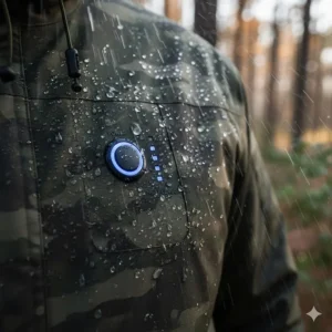 Waterproof heated jacket for hunting with a durable water-repellent (DWR) finish, keeping the hunter dry in light rain.