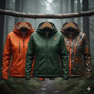 A display of the waterproof hunting jacket available in blaze orange, green, and camo colors.