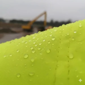Detail shot of the durable, waterproof material used in the construction of a quality high vis rain jacket.