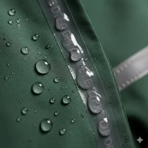 Close-up of the waterproof material and taped seams on a high-performance rain jacket, highlighting GORE-TEX technology.