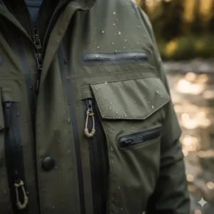 Close-up view of the waterproof material and sealed seams on the chest of the men's wading jacket.