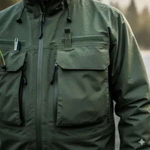 Detail showing the large, water-resistant chest pockets on the essential wading jacket.