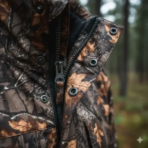Durable, waterproof zippers and storm flap fasteners on the ultimate hunting jacket.