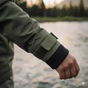 Watertight neoprene cuffs on the sleeve of the women's wading jacket to prevent water intrusion.