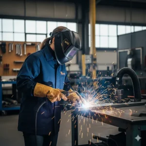 Professional welder safely working under a shower of sparks while wearing a flame-resistant weld jacket.