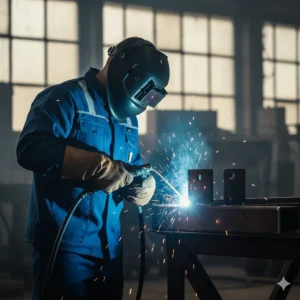 Welder wearing a specialized fire-resistant jacket designed to protect against arc flash and molten metal splash.