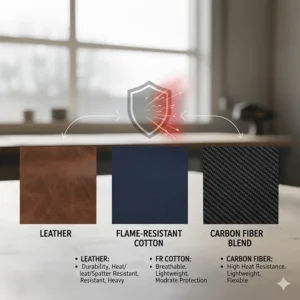 Diagram comparing common weld jacket materials like leather, flame-resistant cotton, and carbon fiber.