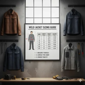 Sizing chart and guide to help workers find the proper fit for a protective weld jacket.