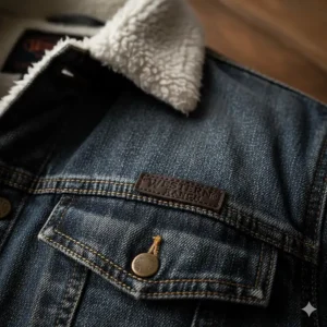 Close-up detail of the durable denim material and stitching on a western winter jacket.