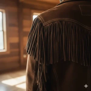 Detailed photo showcasing the quality fringe along the sleeves and back of a stylish western jacket for men.