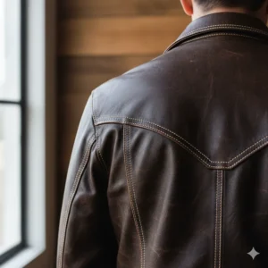 Close-up on the distinctive pointed yoke design on the back of a classic men's western jacket.
