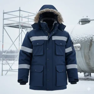 Heavy-duty, insulated fire-resistant parka jacket providing warmth and flame protection for cold weather outdoor work.