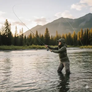 A woman casting a fly rod while wearing the lightweight, functional women's wading jacket.