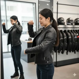 A woman checking the fit and comfort of her new protective motorcycle jacket.