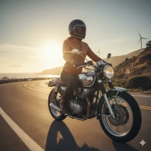 A woman confidently riding her motorcycle, securely wearing a durable motorcycle jacket.