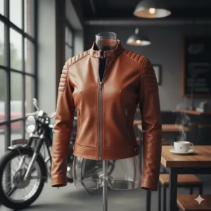 Brown leather cafe racer style jacket, a sleek option for women riders.