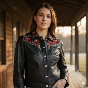 Stylish women's black leather western jacket featuring detailed floral embroidery.