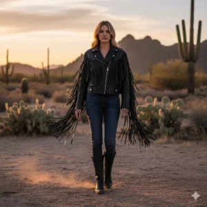 Black women's leather jacket with long cascading fringe, a classic western style.