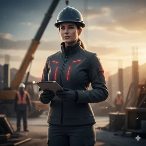 Professional woman on a construction site wearing a form-fitting and functional women's heated work jacket.