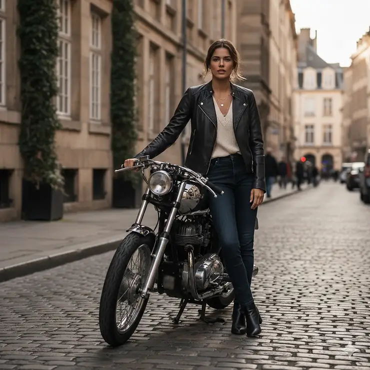 Women's black leather racer jacket with a subtle stand collar, worn by a model in a casual outfit. racer jacket womens