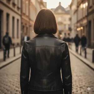 Back view of a minimalist racer jacket for women, highlighting the clean lines and shoulder stitching.