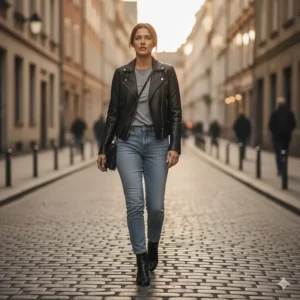 Full-length shot showing how to style the women's racer jacket with a pair of comfortable denim jeans.