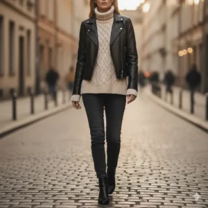 Women's racer jacket layered over a chunky knit sweater, perfect for a stylish winter outfit.