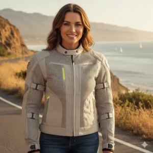 A flattering, tailored fit on a women's specific moto jacket summer model, combining style and safety for female riders.