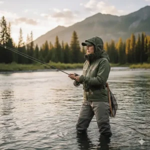 Full fishing outfit: women's wading jacket paired perfectly with matching fishing waders.