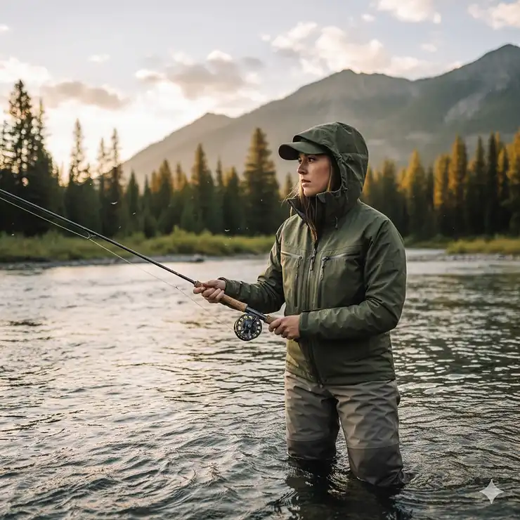 A female angler wearing a women's wading jacket standing in a river for fly fishing.