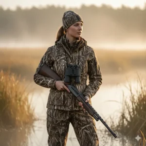 A female hunter modeling a properly fitted, practical women's waterfowl hunting jacket.