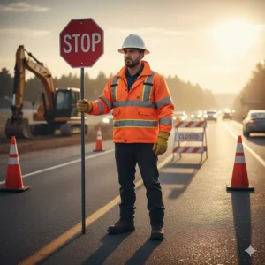 A traffic controller directing cars while wearing an orange traffic safety jacket for road work safety.