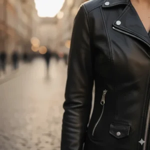 Close-up of the angled zip chest pocket on a classic women's racer jacket design.