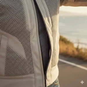Open zippered vents on the chest of a riding jacket, illustrating how modern moto jacket summer designs maximize airflow on hot days.