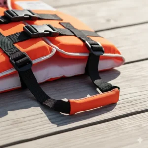 Detailed shot of the adjustable crotch strap and quick-release buckle, an essential safety feature on a newborn personal flotation device (PFD).