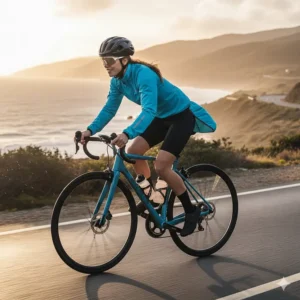 Side view illustrating the aerodynamic, drop-tail cycling cut and snug fit of the women's wind jacket.