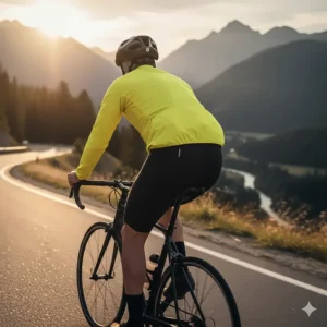 Example of the aero-dynamic fit and dropped tail of the cycling windbreaker, designed for minimal drag.