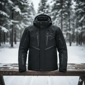Black, aggressive style men's snowmobile jacket with reinforced elbows, ideal for off-trail riding and high speeds.