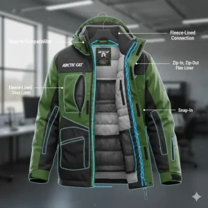 Illustration demonstrating how the zip-out flexible liner integrates with the outer shell of a 3-in-1 Arctic Cat snowmobile jacket.