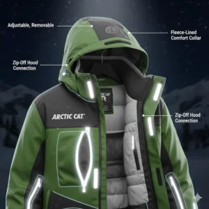Detailed view of the adjustable, removable hood and fleece-lined collar feature of the premium Arctic Cat snowmobile jacket.