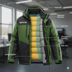 Diagram illustrating the multi-layer construction and Thinsulate insulation technology used in a durable Arctic Cat snowmobile jacket.