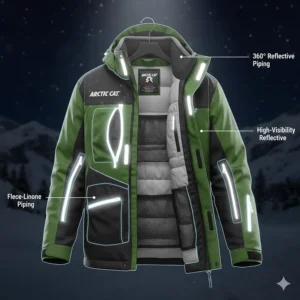 Illustration of the 360-degree reflective piping and panels designed for enhanced low-light visibility on the Arctic Cat snowmobile jacket.