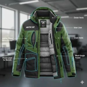 Graphic depicting the multiple storage options, including interior and exterior pockets, on the versatile Arctic Cat snowmobile jacket.